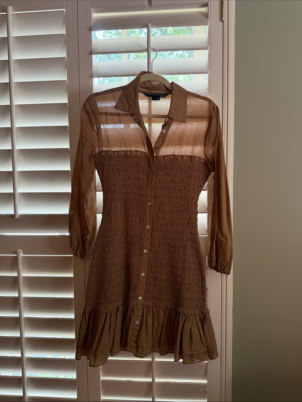 Veronica Beard Brown Shirred Button-Down Mini Dress